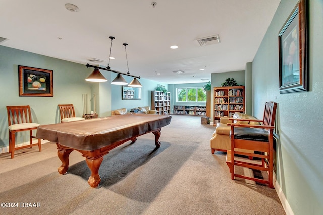 recreation room featuring billiards and light colored carpet