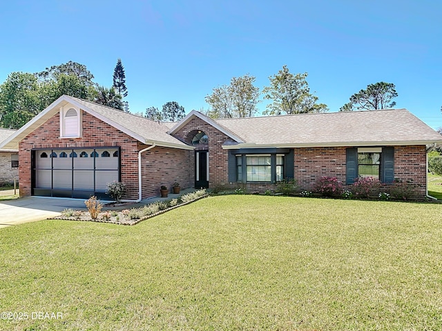 ranch-style house with a front lawn, a garage, brick siding, and driveway