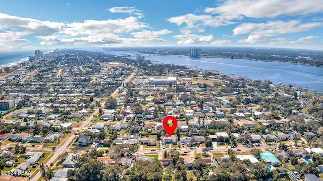 drone / aerial view featuring a water view