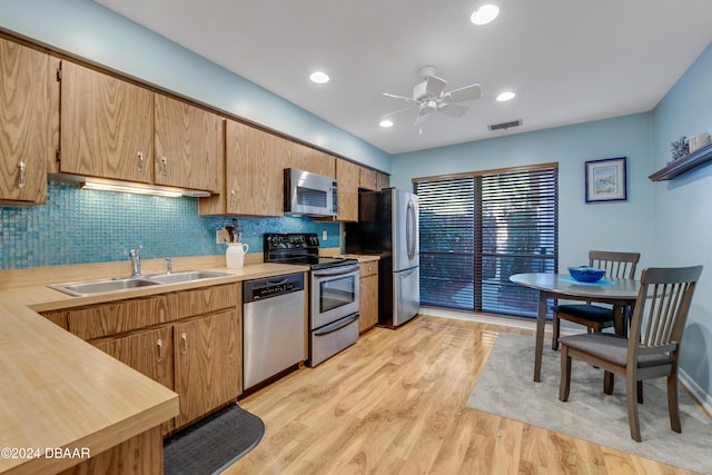 kitchen with backsplash, sink, ceiling fan, light wood-type flooring, and appliances with stainless steel finishes