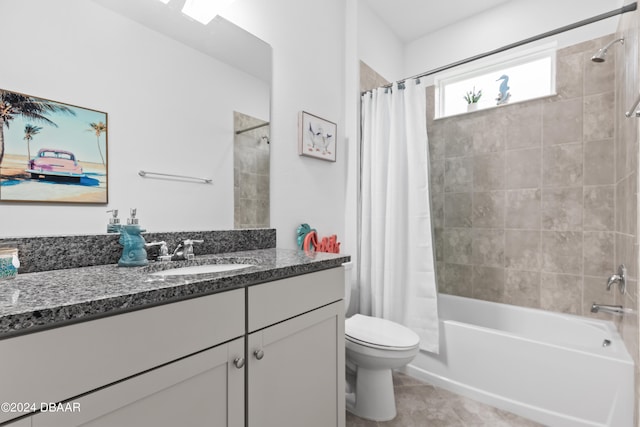 full bathroom featuring vanity, tile patterned floors, toilet, and shower / bathtub combination with curtain