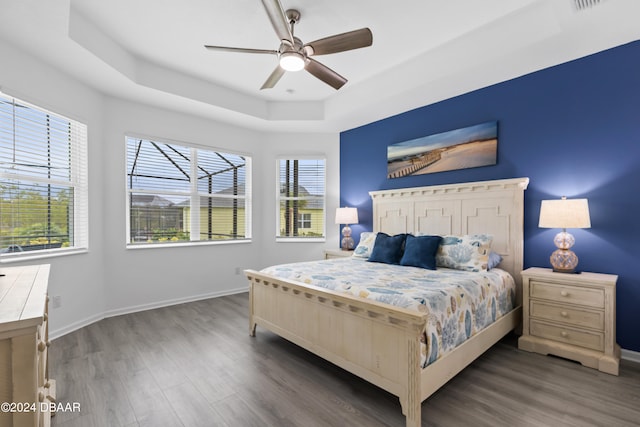 bedroom with a raised ceiling, multiple windows, dark hardwood / wood-style floors, and ceiling fan