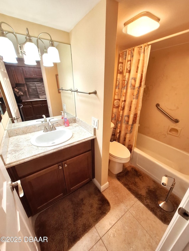 full bathroom featuring tile patterned flooring, vanity, toilet, and shower / bathtub combination with curtain