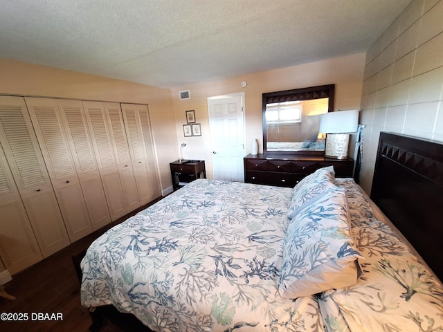 bedroom with dark wood-type flooring, a fireplace, a textured ceiling, and a closet