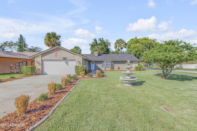 ranch-style house with a garage and a front yard