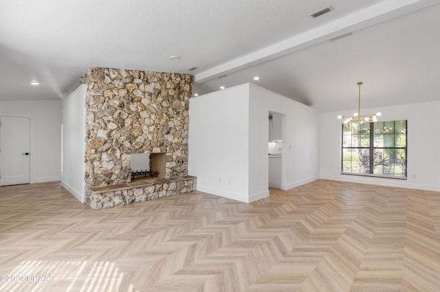 unfurnished living room with a stone fireplace, light parquet flooring, a chandelier, and vaulted ceiling with beams