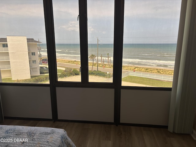 3580 S Ocean Shore Blvd Unit 404, Flagler Beach, FL 32136 - bedroom featuring multiple windows, wood finished floors, and view of water and beach