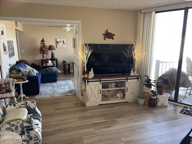 living room featuring hardwood / wood-style floors, a textured ceiling, and ceiling fan