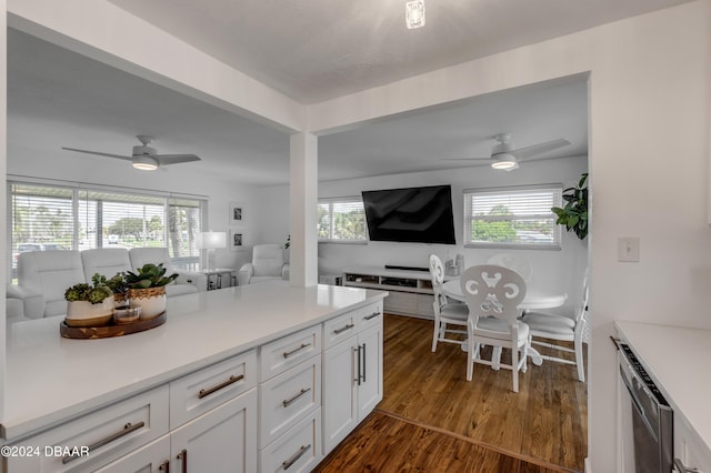 kitchen with white cabinetry, dark hardwood / wood-style flooring, ceiling fan, and plenty of natural light