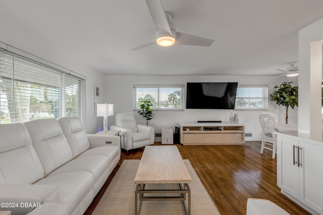 living room with dark hardwood / wood-style flooring and ceiling fan