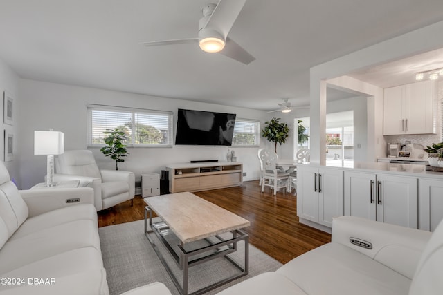 living room featuring dark hardwood / wood-style flooring and ceiling fan