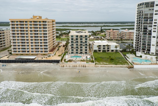 bird's eye view with a water view