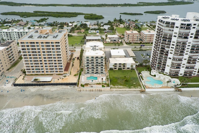 drone / aerial view featuring a water view