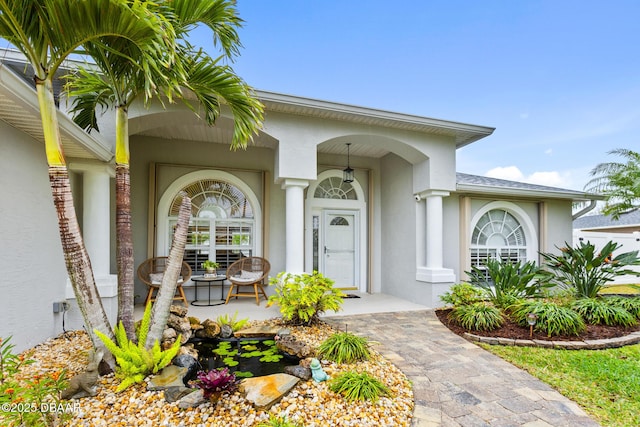 view of exterior entry featuring a shingled roof and stucco siding