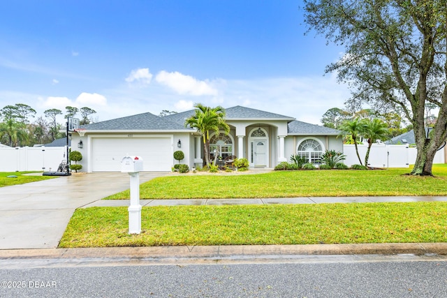 view of front facade with a front yard, concrete driveway, an attached garage, and stucco siding