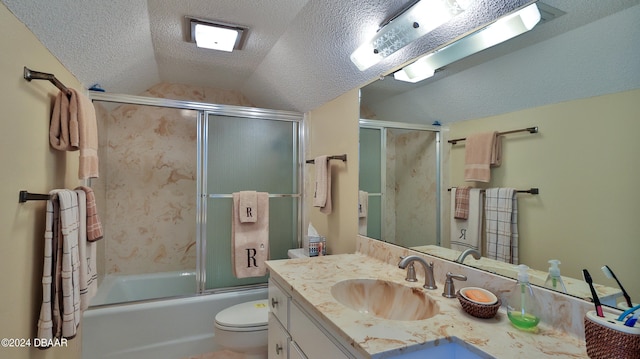 full bathroom with toilet, vaulted ceiling, a textured ceiling, vanity, and shower / bath combination with glass door