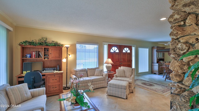 tiled living room featuring a textured ceiling and crown molding