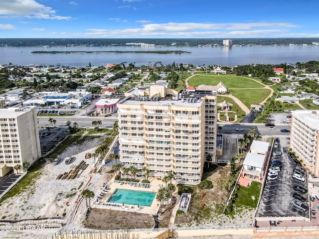 drone / aerial view with a water view