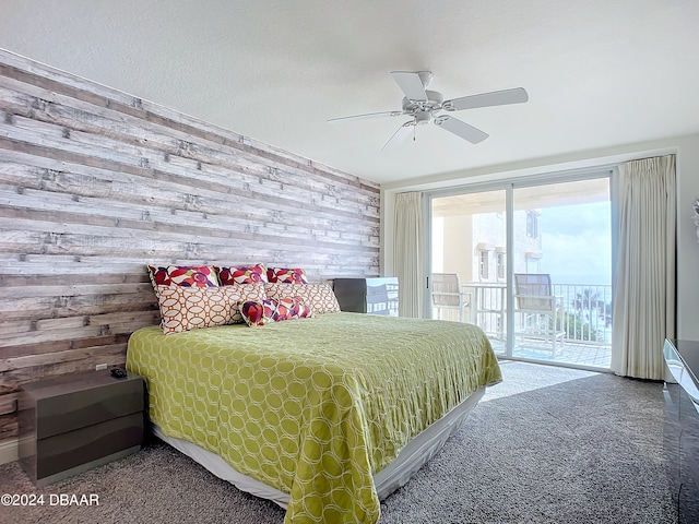 bedroom featuring ceiling fan, carpet flooring, and access to outside