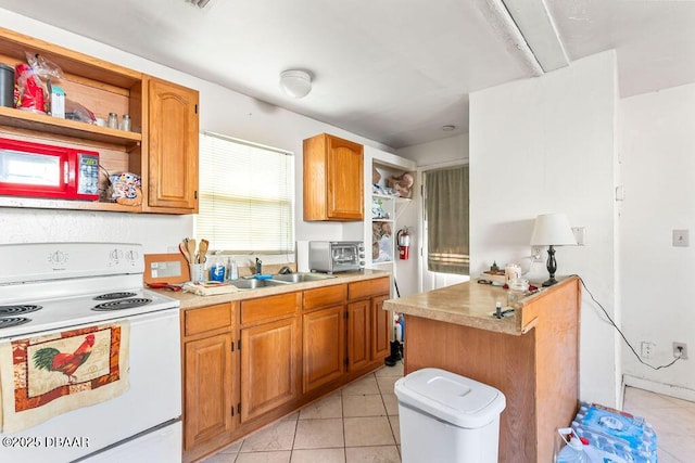 kitchen featuring white electric stove, open shelves, a sink, and light countertops