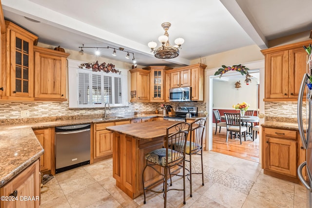 kitchen featuring backsplash, sink, a center island, and stainless steel appliances