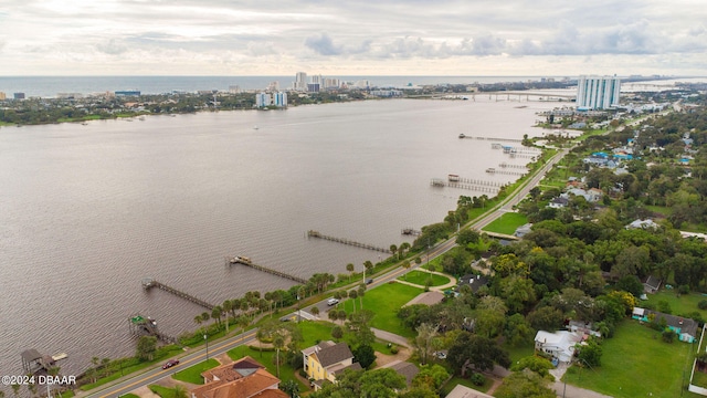 aerial view featuring a water view