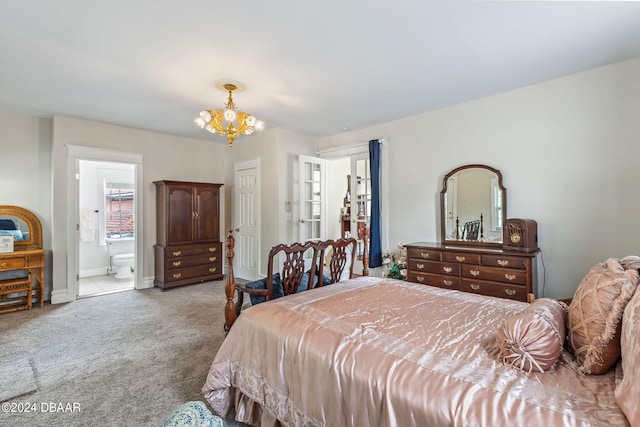 bedroom featuring connected bathroom, light carpet, and a notable chandelier