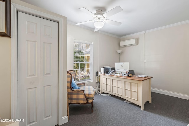 carpeted office space featuring a wall mounted air conditioner, ceiling fan, and ornamental molding