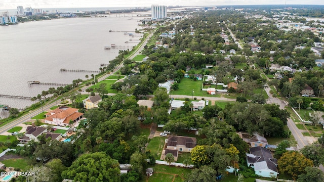 bird's eye view with a water view