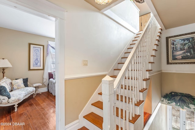 stairs featuring plenty of natural light and wood-type flooring