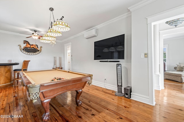 playroom featuring ceiling fan, a wall mounted air conditioner, billiards, crown molding, and hardwood / wood-style floors