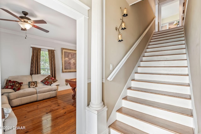 stairs featuring ceiling fan, wood-type flooring, and ornamental molding