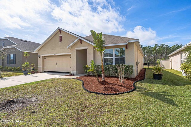 ranch-style house featuring a garage and a front yard