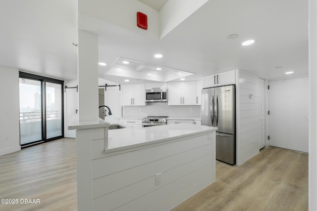 kitchen featuring sink, appliances with stainless steel finishes, kitchen peninsula, a barn door, and white cabinets