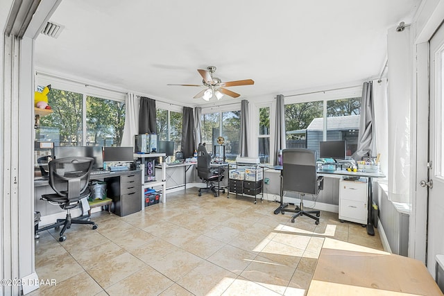 office area featuring ceiling fan, visible vents, and light tile patterned flooring