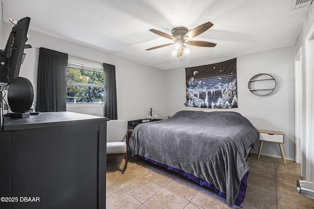 bedroom with a ceiling fan, visible vents, a textured ceiling, and baseboards