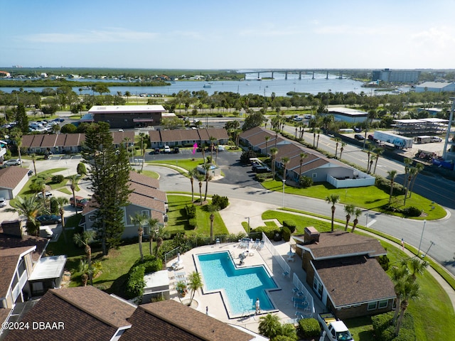 bird's eye view with a water view