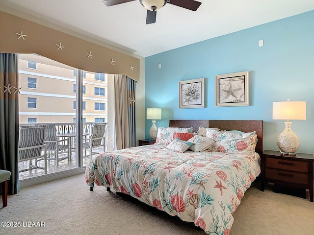 carpeted bedroom featuring ceiling fan, access to outside, and visible vents