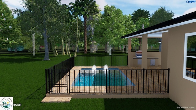 view of swimming pool with a lawn and a patio area