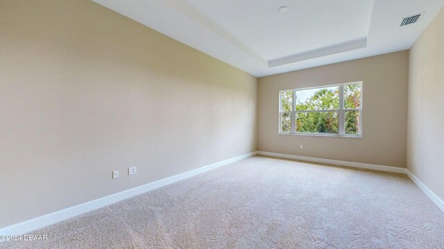 carpeted bedroom with a tray ceiling