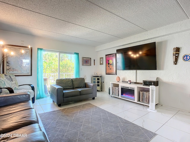 living room featuring a textured ceiling