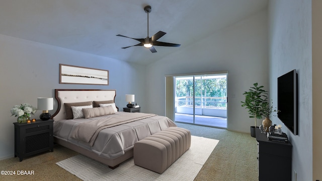 bedroom featuring access to outside, high vaulted ceiling, ceiling fan, and light colored carpet