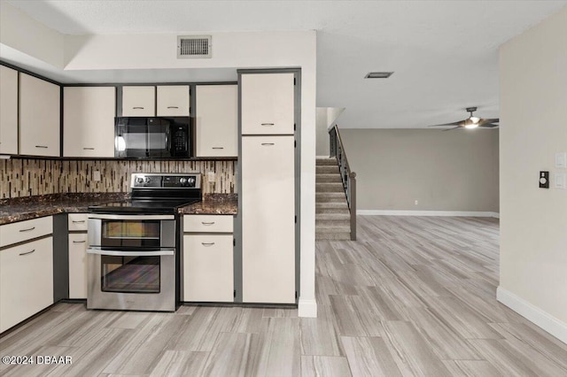 kitchen with ceiling fan, backsplash, stainless steel range with electric stovetop, and light hardwood / wood-style floors