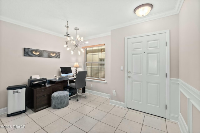 tiled office space featuring crown molding and an inviting chandelier