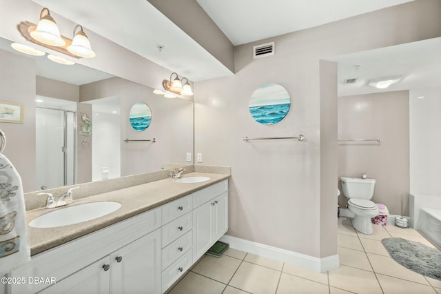 full bathroom featuring tile patterned floors, vanity, toilet, and shower with separate bathtub