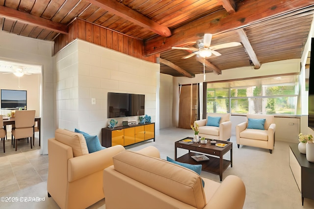 442 Dorothy Ave, Holly Hill, FL 32117 - living room featuring ceiling fan, a wooden ceiling with exposed beams, and concrete block wall
