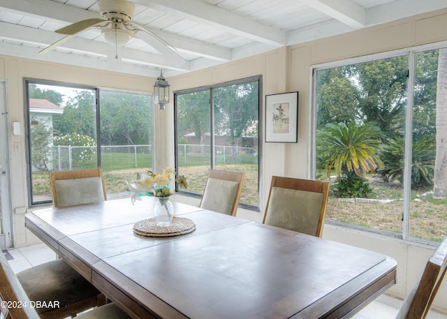 sunroom with beamed ceiling and ceiling fan