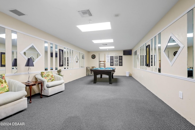 recreation room with visible vents, carpet, and pool table