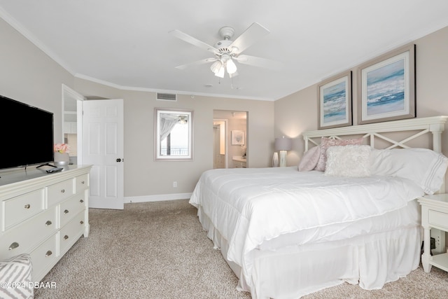 bedroom featuring ornamental molding, baseboards, visible vents, and light carpet