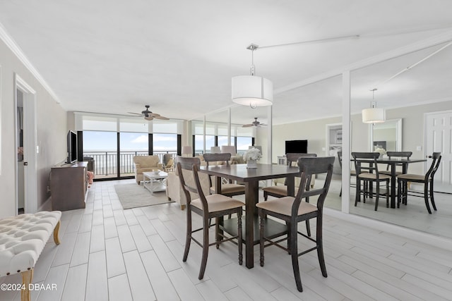 dining area featuring crown molding, expansive windows, and ceiling fan